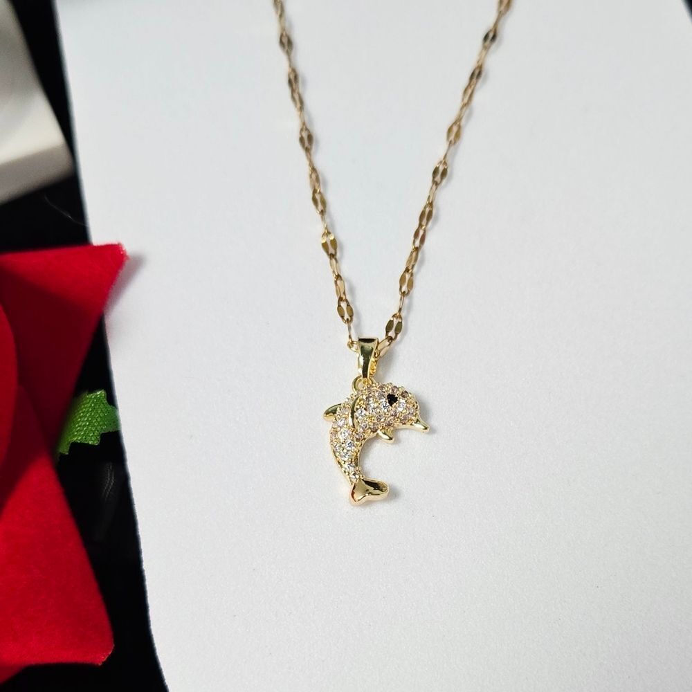 Gold CZ Dolphin Pendant Necklace Stainless Steel Rhinestone Coastal Charm Gift